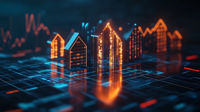 Glowing House Icons on Digital Grid, Real Estate Market Data Visualization