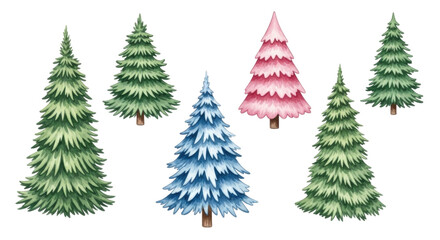 Colorful collection of evergreen trees in various shades cutout isolated on transparent bg, png