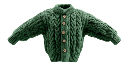Green knitted button-front cardigan sweater isolated on transparent background — high-resolution PNG cutout with floating levitation look, ideal for apparel mockups, e-commerce product pages
