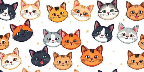 Obraz premium Whimsical seamless pattern featuring diverse cute cartoon cat faces in various poses on a white background, funny, sweet