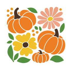 Orange pumpkins and yellow and pink flowers with green leaves autumn fall