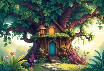 Obraz premium Whimsical tree house nestled amongst lush foliage, vibrant cartoon style, leaves, nature