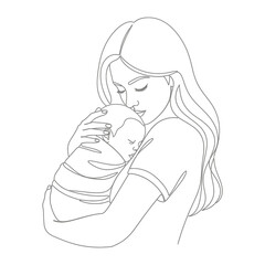 Tender Embrace: An artistically rendered line drawing presents a tender moment as a mother cradles her peacefully sleeping baby in a minimalistic yet expressive style. 