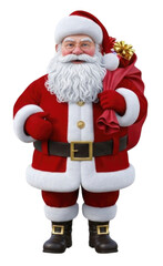Fototapeta premium Jolly Santa Claus holding a gift bag while wearing a classic red suit with white trim, cutout isolated on transparent bg, png