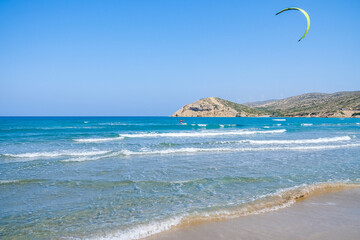 Kitesurfing on the beach of Rhodes in Greece