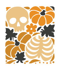 Orange pumpkins and skeleton rib cage with leaves and flower halloween