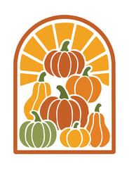 Autumn harvest of pumpkins and gourds in arched window design fall