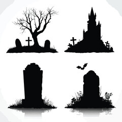 Obraz premium Vector silhouette set of Halloween Tombstone isolated in White background, silhouette Set, Halloween theme, Vector illustration 
