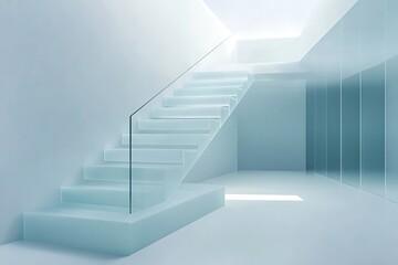 Obraz premium Understated staircase with slim frosted glass barriers and wide white floating steps