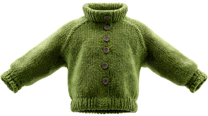 Green knitted button-front cardigan sweater isolated on transparent background — high-resolution PNG cutout with floating levitation look, ideal for apparel mockups, e-commerce product pages