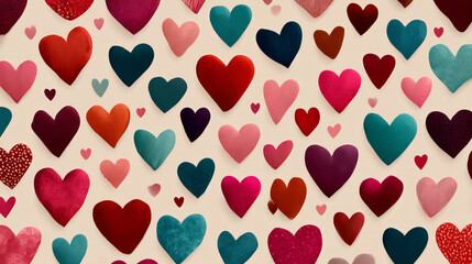 Fototapeta premium Beige seamless background. Valentine's day with colorful hearts. Endless ornament with beautiful hearts for Valentine's Day.