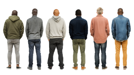 Group of diverse men standing in line, back view, casual outfits, full-length figures, multicultural male lineup, isolated on transparent background, high-resolution PNG cutout ideal for design