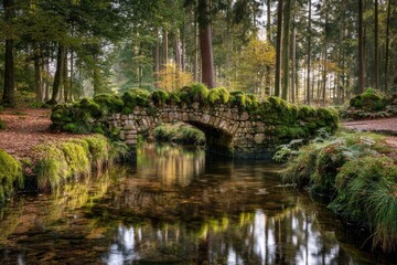 Obraz premium Moss-covered stone bridge over a tranquil stream in a forest