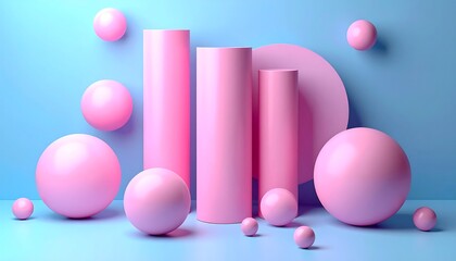 Pink spheres and cylinders on a light blue background