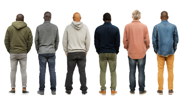 Group of diverse men standing in line, back view, casual outfits, full-length figures, multicultural male lineup, isolated on transparent background, high-resolution PNG cutout ideal for design