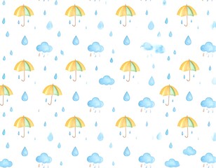 Watercolor pattern of rain clouds and umbrellas.