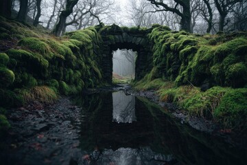 Misty, mossy arch bridge reflecting in a pool