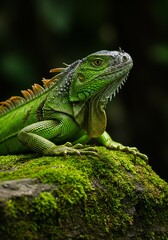 Fototapeta premium Green Iguana basking in the Sunlight on Mossy Rock in Tropical Forest