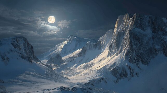 A serene winter landscape under a bright full moon illuminating snowy mountain peaks.