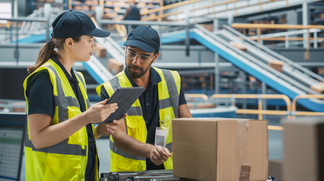 Caucasian Female Logistics Specialist Using Tablet Computer And Talking To Male Warehouse Worker In Modern Logistics Facility. Man Loading Cardboard Boxes With Online Orders On Automated Conveyor Belt - Powered by Adobe