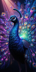 Obraz premium Iridescent peacock displaying vibrant plumage with glowing accents and detailed feathers