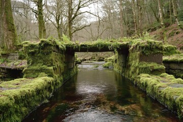 Moss-covered stone aqueduct over a flowing stream in a forest