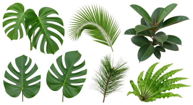 Various tropical green leaves gathered in a natural arrangement cutout isolated on transparent bg, png