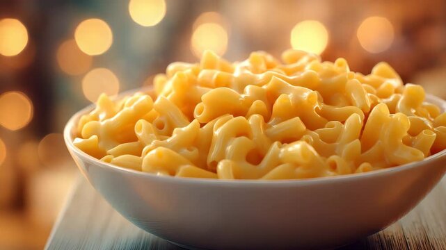 Ultra HD A closeup shot captures the creamy delight of macaroni and cheese in a white bowl video set against a blurred background of bokeh lights evoking a sense of comfort and warmth video