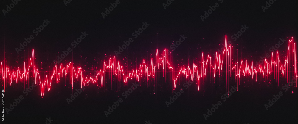 Poster visualizing sound: a pulsating, red waveform undulates across a deep black backdrop, capturing the d