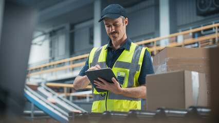 Male Employee Working at a Modern Logistics Center for an International Online Shopping Organization. Man Using a Tablet Computer to Optimize the Deliveries On Conveyor Belt Before Shipping Them Out.