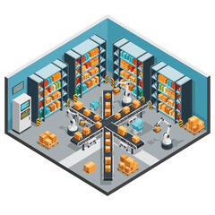 Obraz premium 3D isometric view illustration of a modern automated warehouse interior with robotic arms sorting and moving boxes on conveyor belts, controlled by computer systems, and shelves filled with inventory