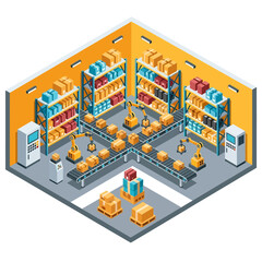 3D isometric view illustration of a modern automated warehouse interior with robotic arms sorting and moving boxes on conveyor belts, controlled by computer systems, and shelves filled with inventory