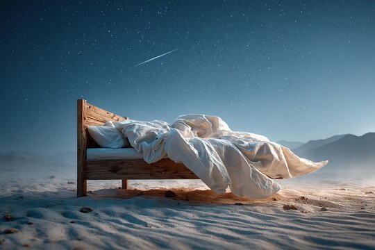 Bed in the desert under a starry sky with a shooting star at night