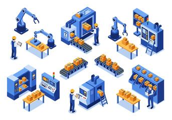 3D isometric view illustration set of various automated factory processes featuring robotic arms, CNC machines, conveyor belts moving goods, and factory workers overseeing the production