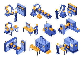 3D isometric view illustration set of various automated factory processes featuring robotic arms, CNC machines, conveyor belts moving goods, and factory workers overseeing the production