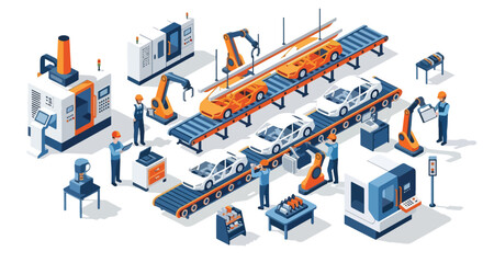 3D isometric view illustration of an advanced car manufacturing assembly line with robotic arms welding car bodies, conveyor belts moving vehicles, and factory workers overseeing the automated process