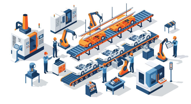 3D isometric view illustration of an advanced car manufacturing assembly line with robotic arms welding car bodies, conveyor belts moving vehicles, and factory workers overseeing the automated process