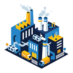3D isometric view illustration of a modern industrial factory complex with multiple buildings, smokestacks emitting fumes, ventilation units, delivery trucks, and surrounding infrastructure
