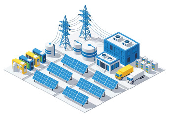 3D isometric view illustration of a solar power plant with renewable energy solar panels, electricity towers, a factory building, and trucks. Modern industry and sustainable energy