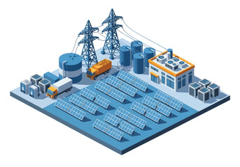 3D isometric view illustration of a solar power plant with renewable energy solar panels, electricity towers, a factory building, and trucks. Modern industry and sustainable energy