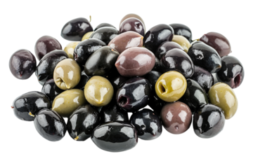 A pile of mixed olives, including black, green, and brown varieties, displayed against a transparent background. background removed
