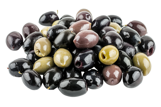 A pile of mixed olives, including black, green, and brown varieties, displayed against a transparent background. background removed