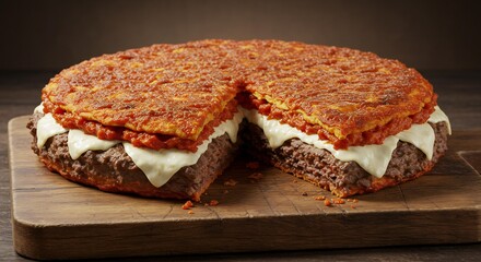 Giant Pizza Burger Creative Dish with Beef and Cheese on Wood