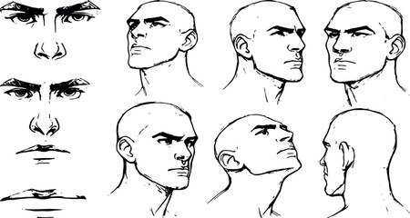 Men's face expressions and angles, a collection of hand-drawn vector art of a man's face.