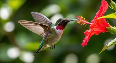 Naklejka premium Tiny hummingbird drinks nectar from a vibrant red hibiscus flower