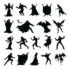 Vector silhouette set of Halloween Vampire isolated in White background, silhouette Set, Halloween theme, Vector illustration 