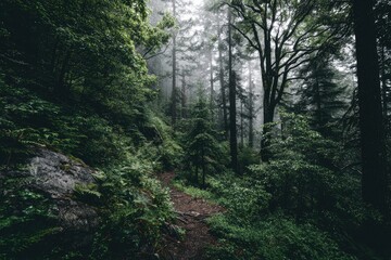 Misty forest path through lush greenery