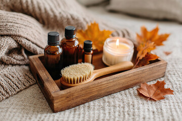 Relaxing spa setting with essential oils, candles, and cozy autumn leaves