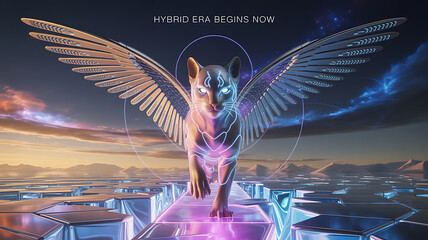 A futuristic winged creature strides confidently across a neonlit landscape