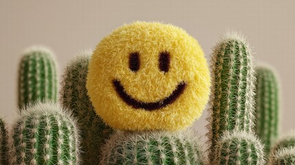 Fluffy yellow smiley face nestled among green cacti, playful blend of retro emoji and desert plants for lighthearted fun aesthetic.